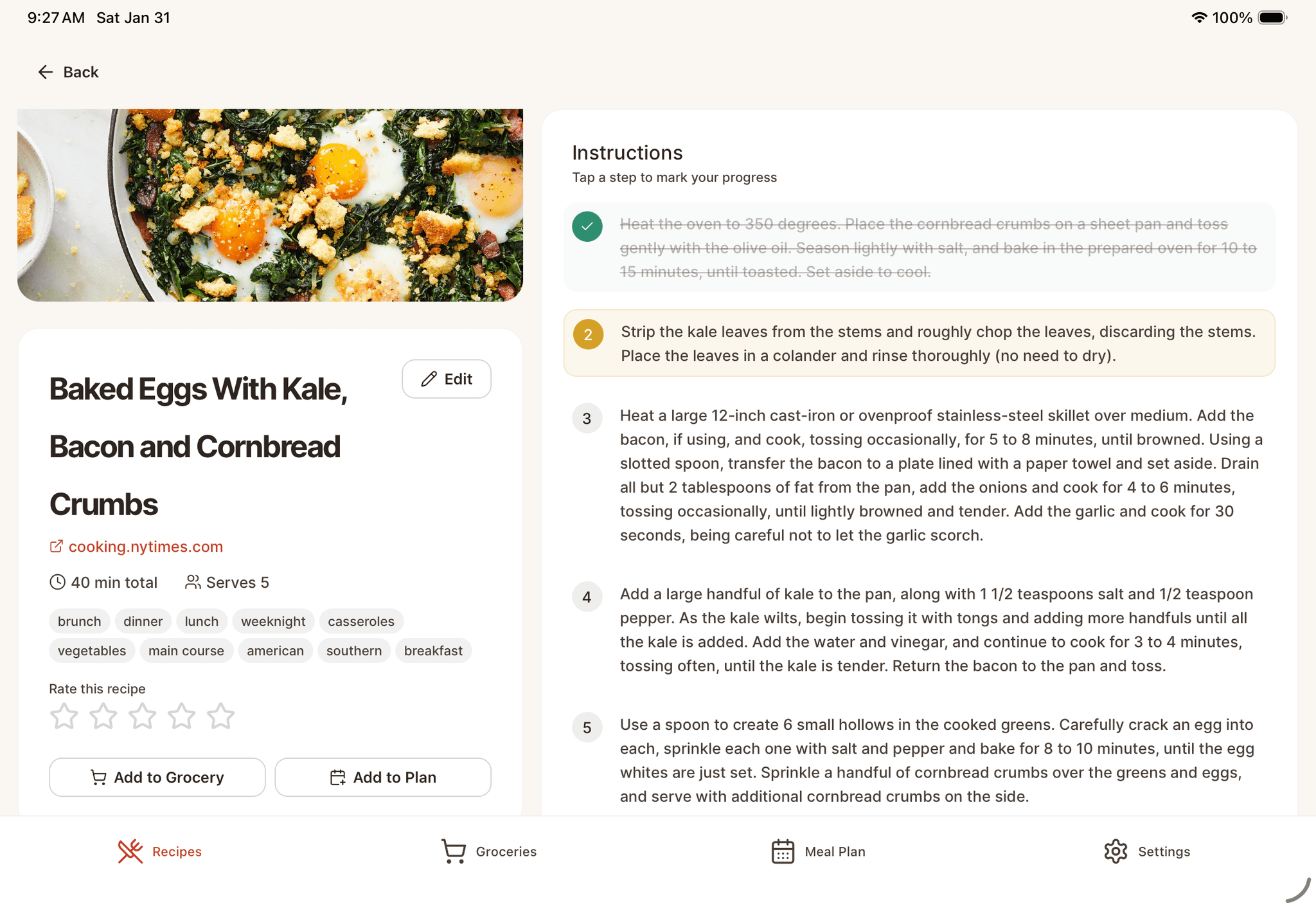 Spiceful on iPad — recipe detail view with cooking instructions