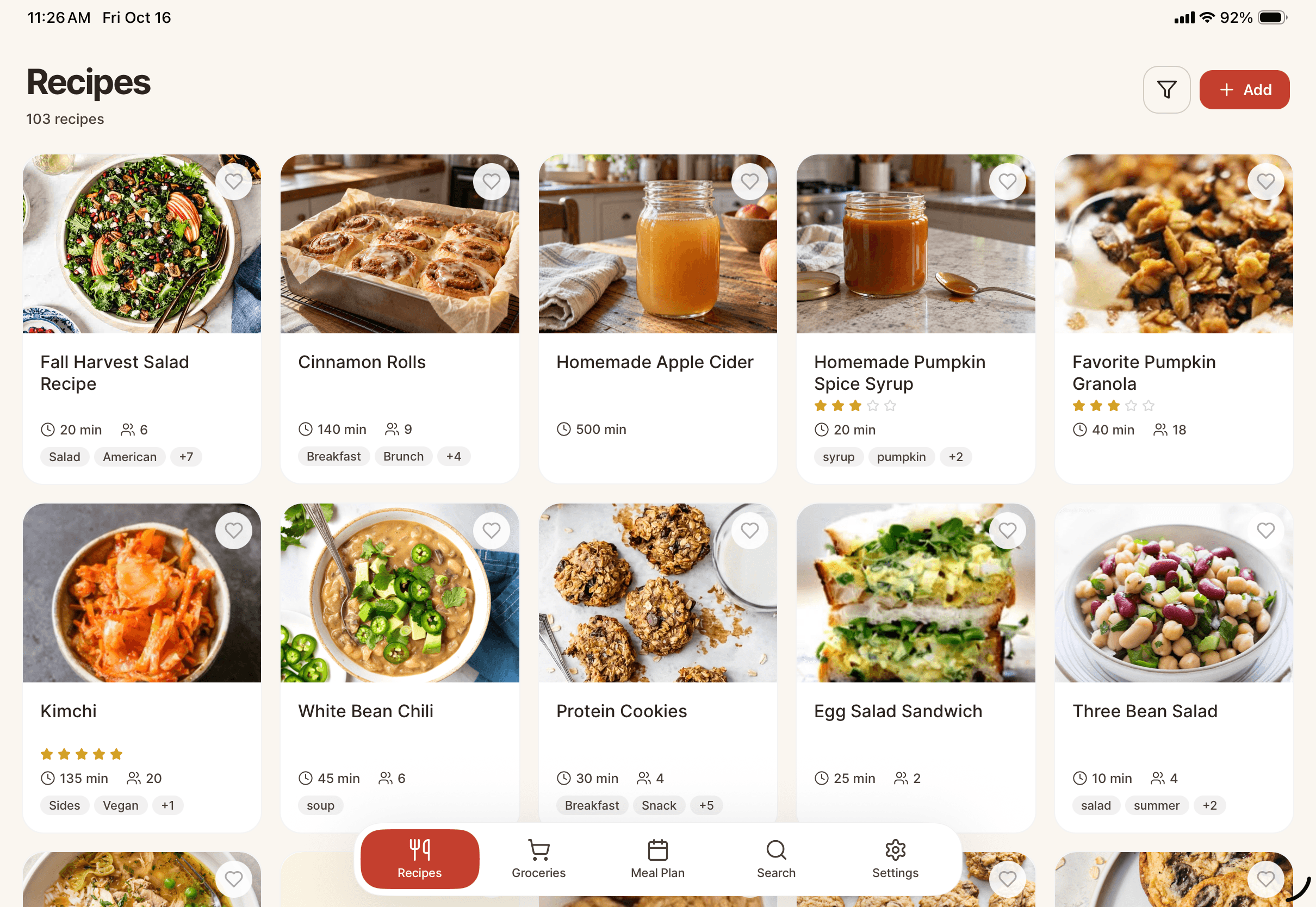 Spiceful on iPad showing the recipe library