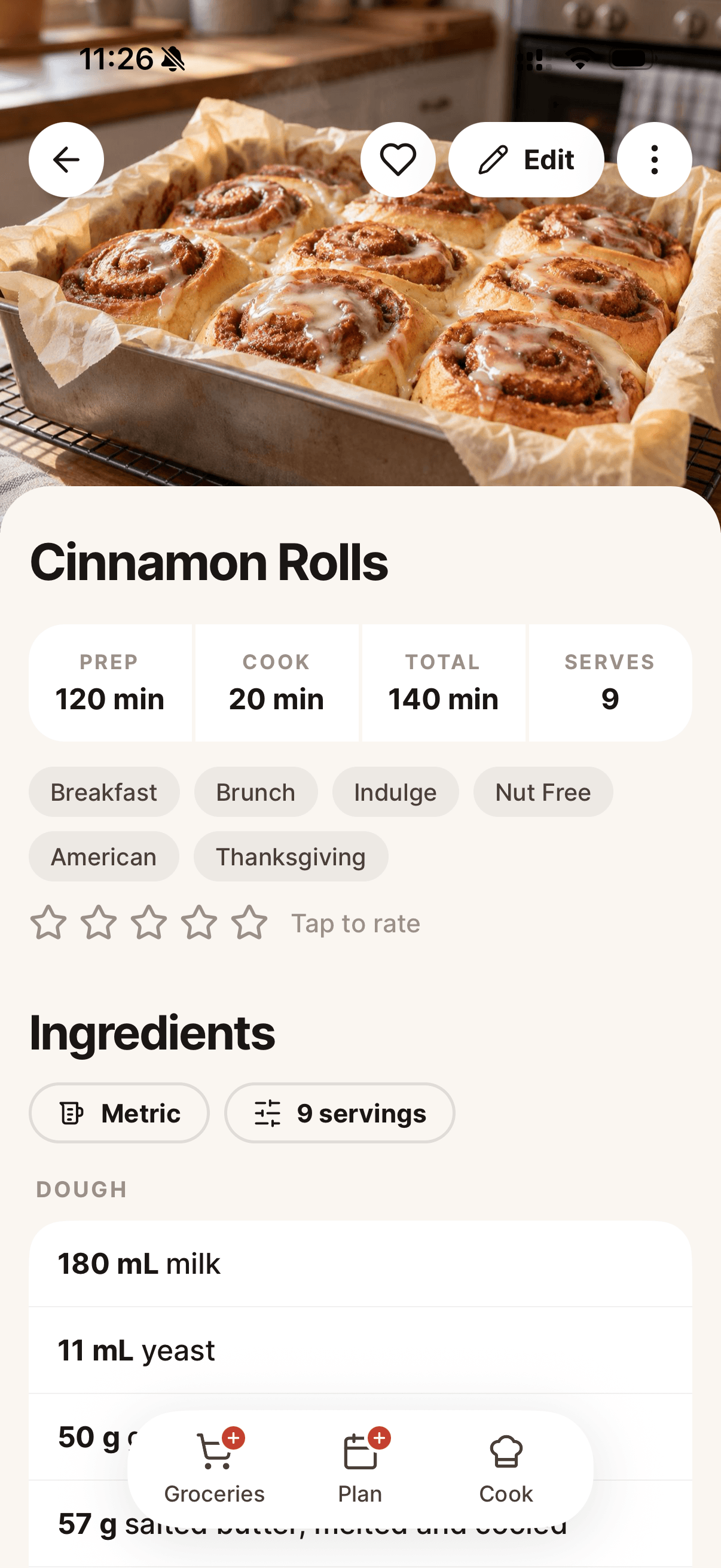 Spiceful on iPhone showing the Cinnamon Rolls recipe