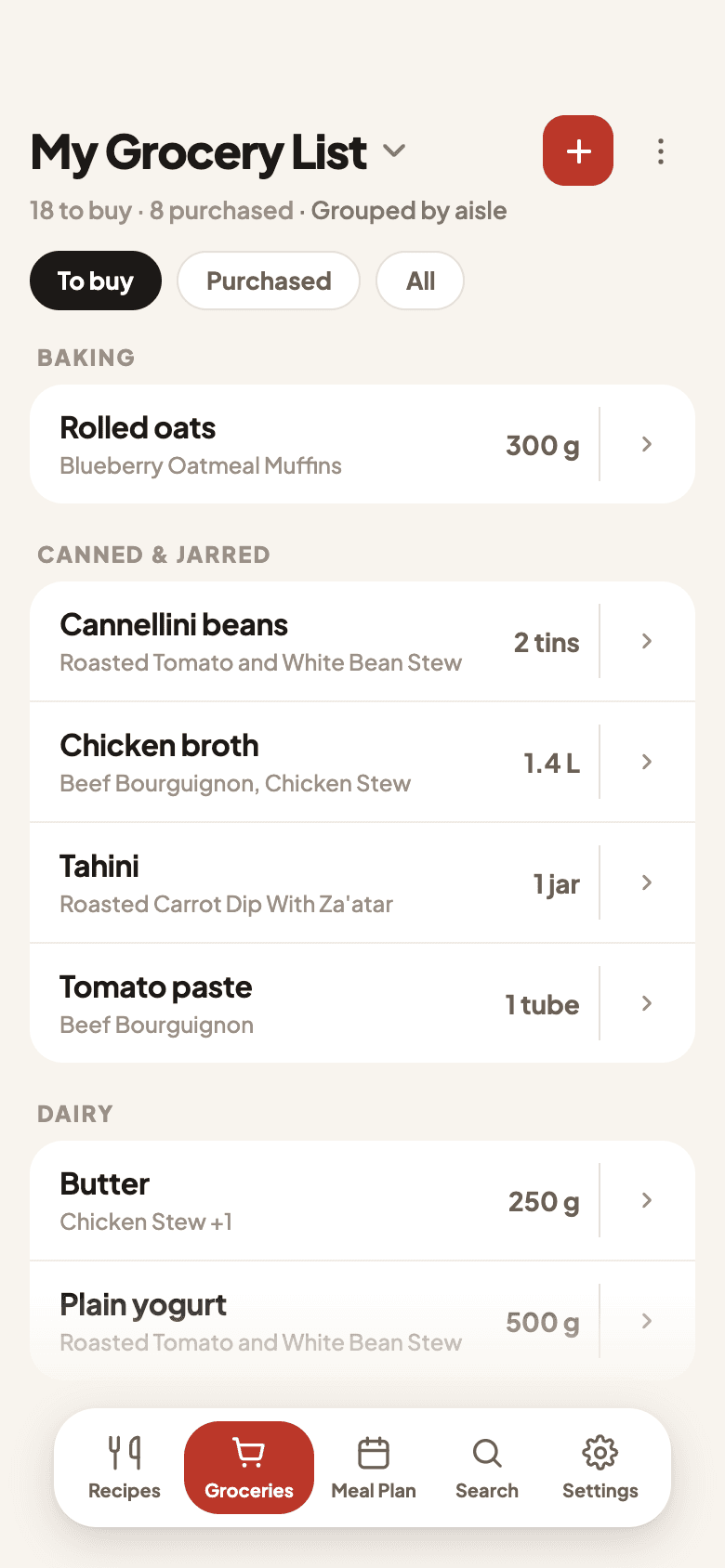 Spiceful on a phone showing a grocery list grouped by aisle