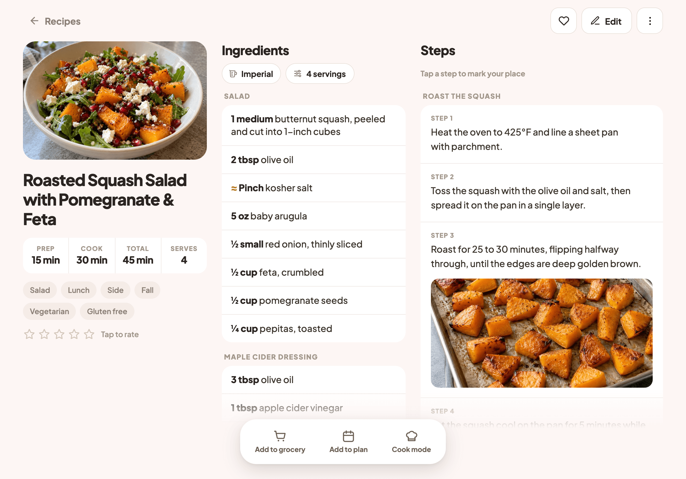 Spiceful on a tablet showing a roasted squash salad recipe with its ingredients and steps
