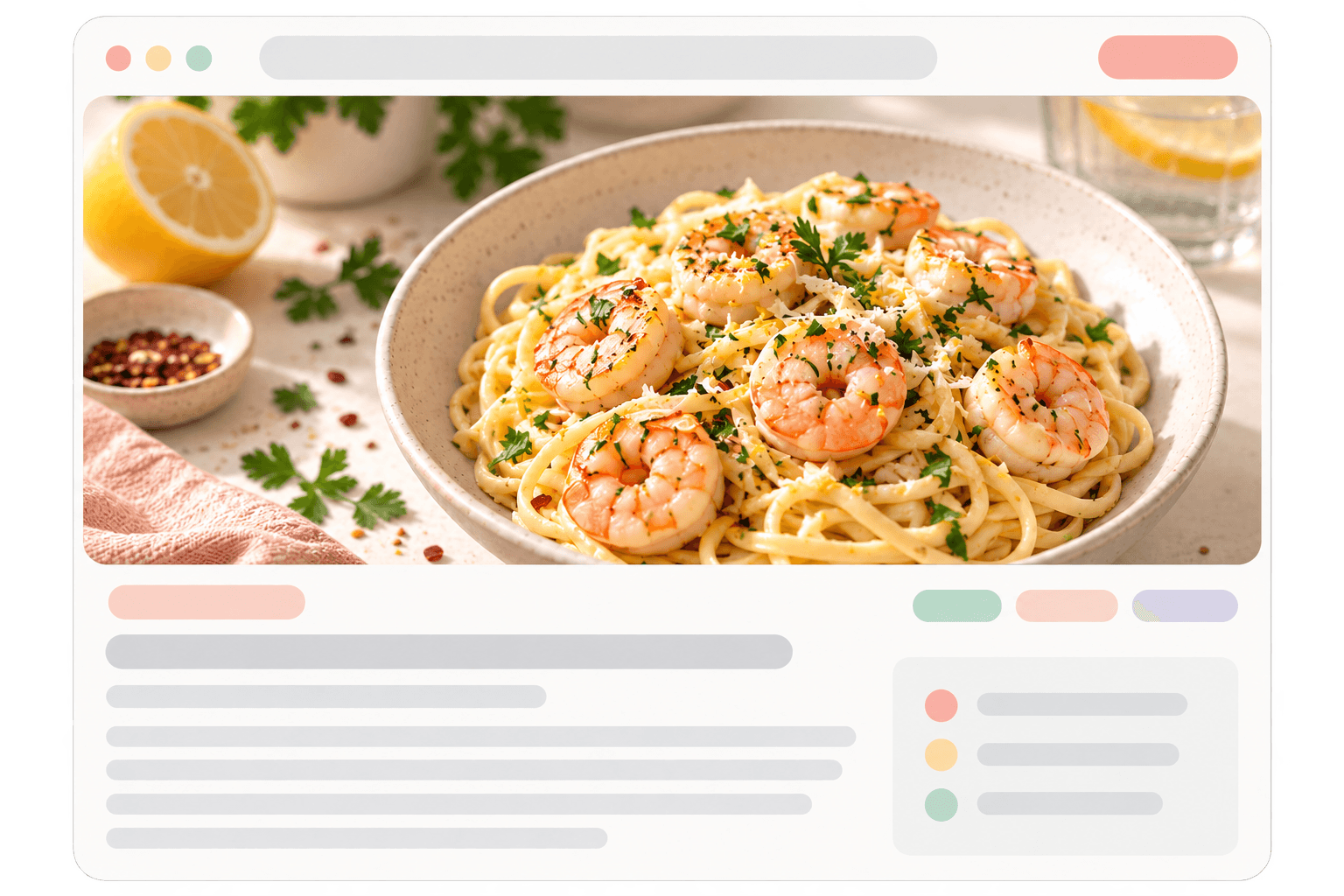 A recipe blog page with a shrimp pasta photo